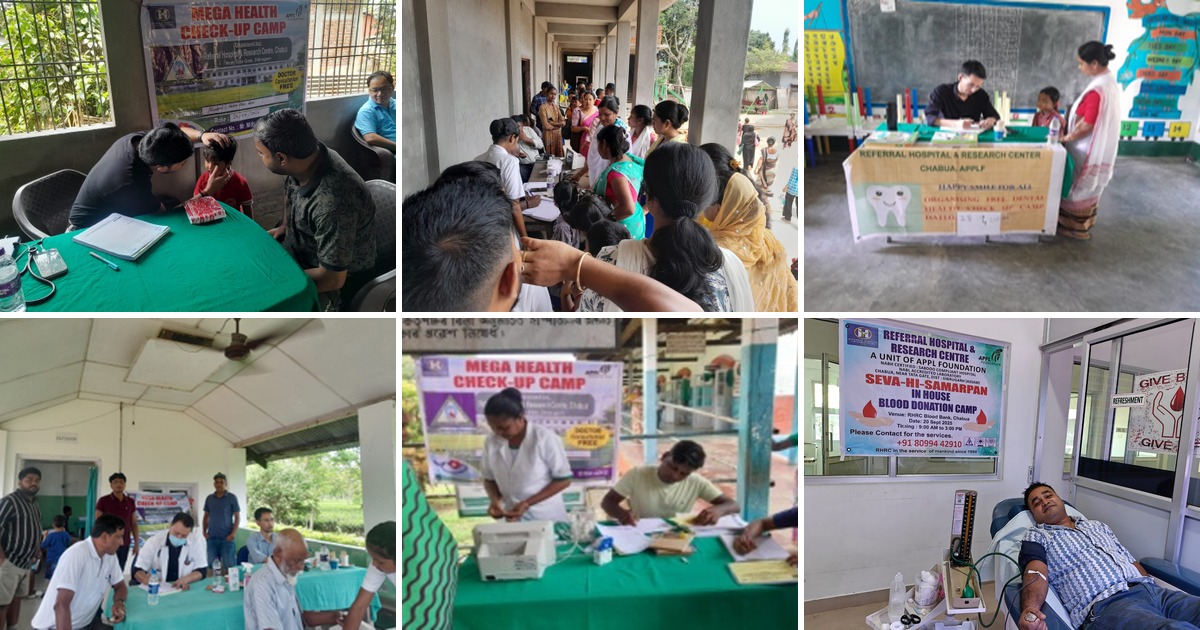 Collage of RHRC community outreach programmes in Chabua including health camps, dental checkups, and blood donation drives