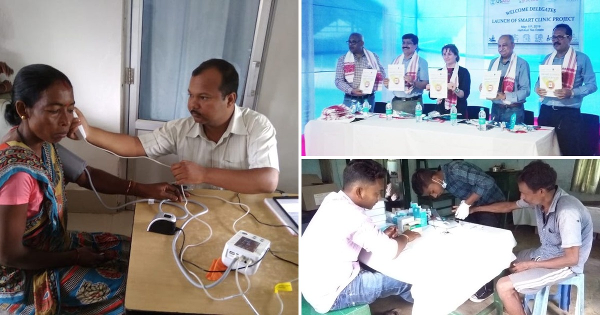 SMART Hospital Programme in tea garden clinics featuring digital consultations, launch with USAID and APPL Foundation, and AINA diagnostic testing